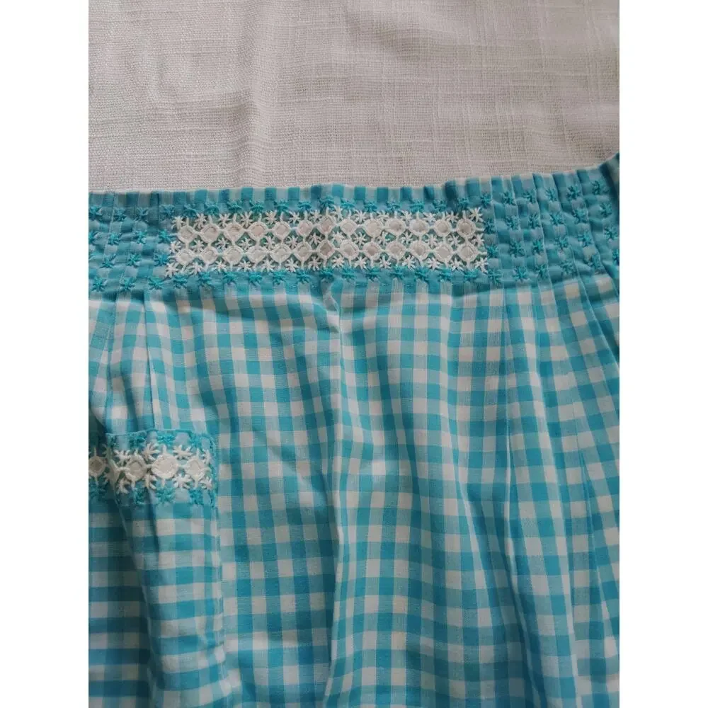 Vintage Style Gingham Blue & White Half Apron with Embroidery Accent Cottagecore